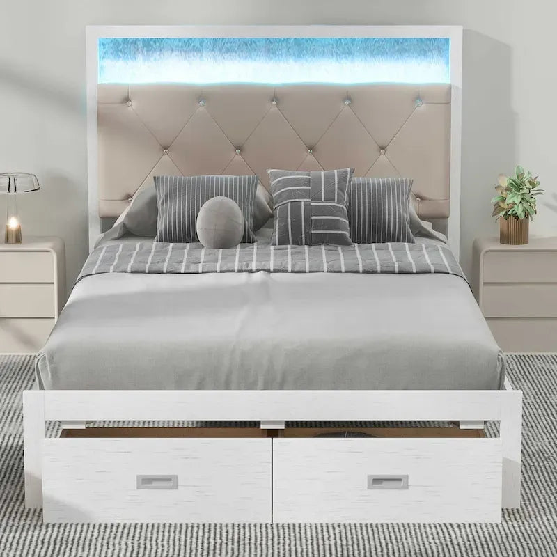 Lit plateforme avec tête de lit rembourrée, éclairage LED et 2 tiroirs