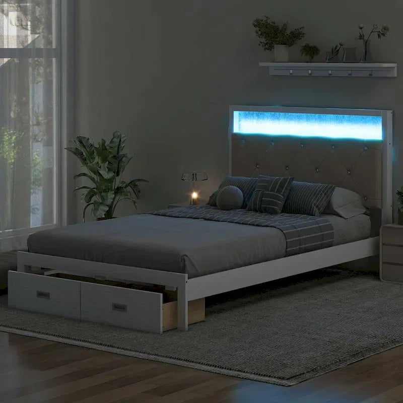 Lit plateforme avec tête de lit rembourrée, éclairage LED et 2 tiroirs