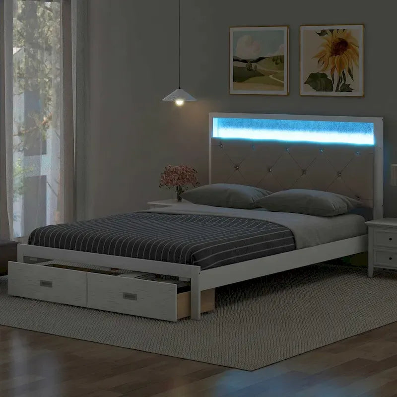 Lit plateforme avec tête de lit rembourrée, éclairage LED et 2 tiroirs