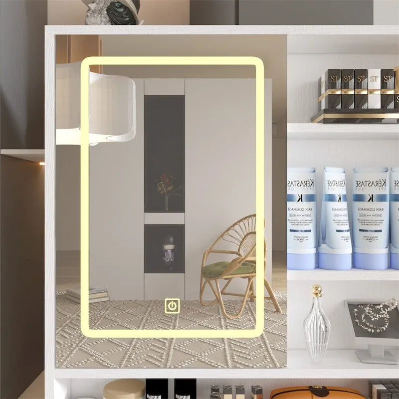 Coiffeuse avec éclairage 3 couleurs et miroir ouvrant, 4 tiroirs