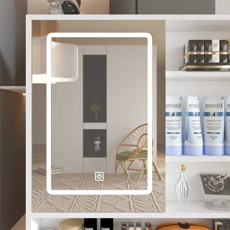 Coiffeuse avec éclairage 3 couleurs et miroir ouvrant, 4 tiroirs