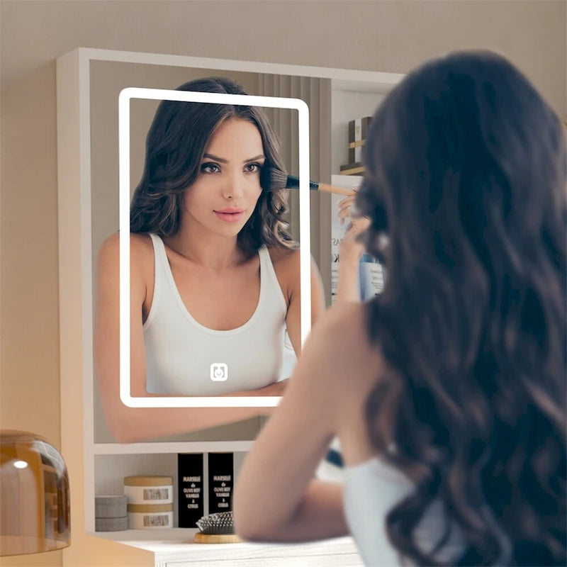 Coiffeuse avec éclairage 3 couleurs et miroir ouvrant, 4 tiroirs