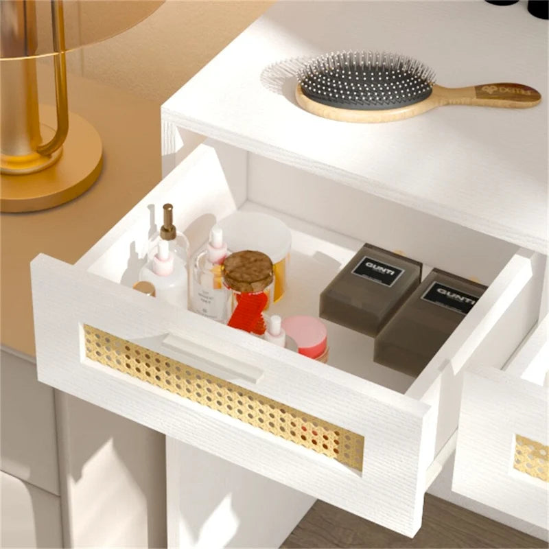 Coiffeuse avec éclairage 3 couleurs et miroir ouvrant, 4 tiroirs
