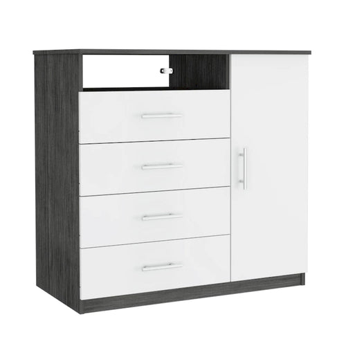 Commode à 4 tiroirs, meuble à une porte, une étagère ouverte, plateau supérieur