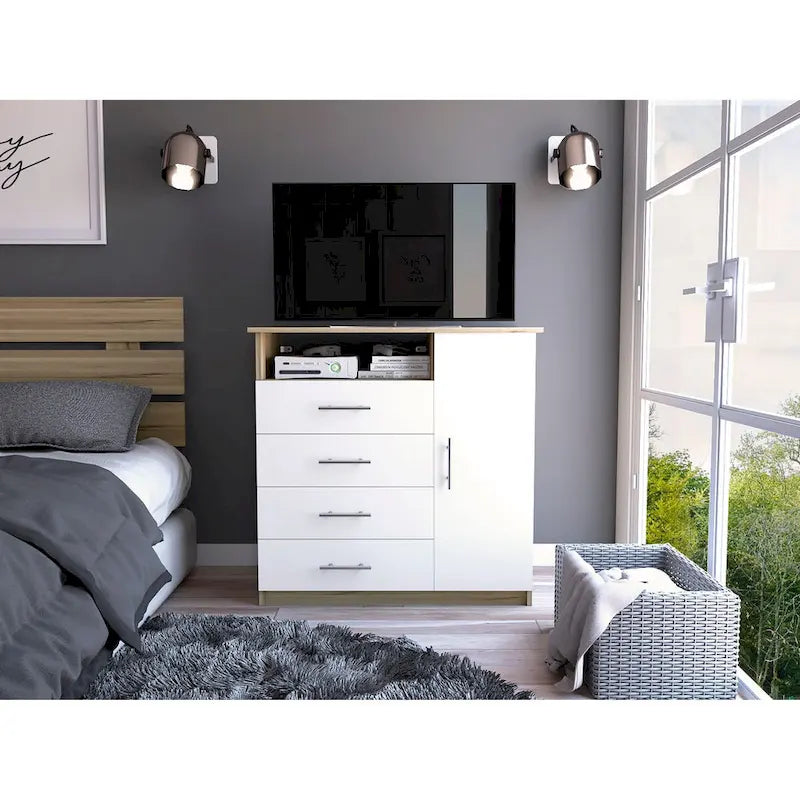 Commode à 4 tiroirs, meuble à une porte, une étagère ouverte, plateau supérieur