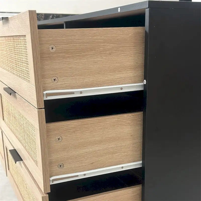 Armoire de rangement en rotin de 59 pouces avec 6 tiroirs et pieds en bois