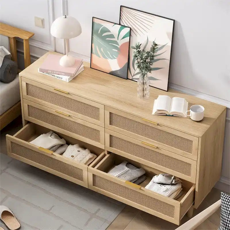 Armoire de rangement en rotin de 59 pouces avec 6 tiroirs et pieds en bois