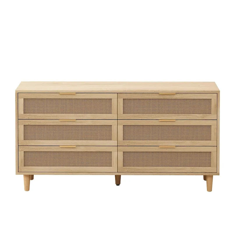 Armoire de rangement en rotin de 59 pouces avec 6 tiroirs et pieds en bois