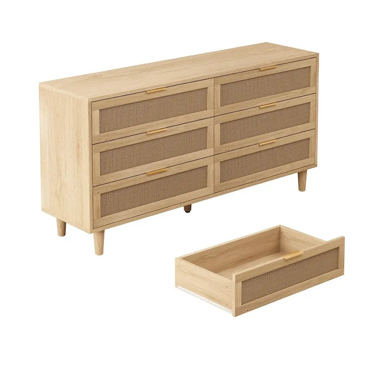 Armoire de rangement en rotin de 59 pouces avec 6 tiroirs et pieds en bois