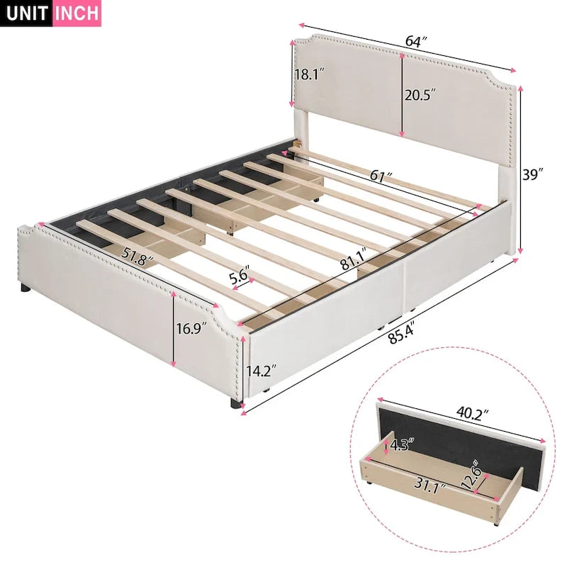 Lit plateforme capitonné avec tête et pied de lit à clous décoratifs et 4 tiroirs
