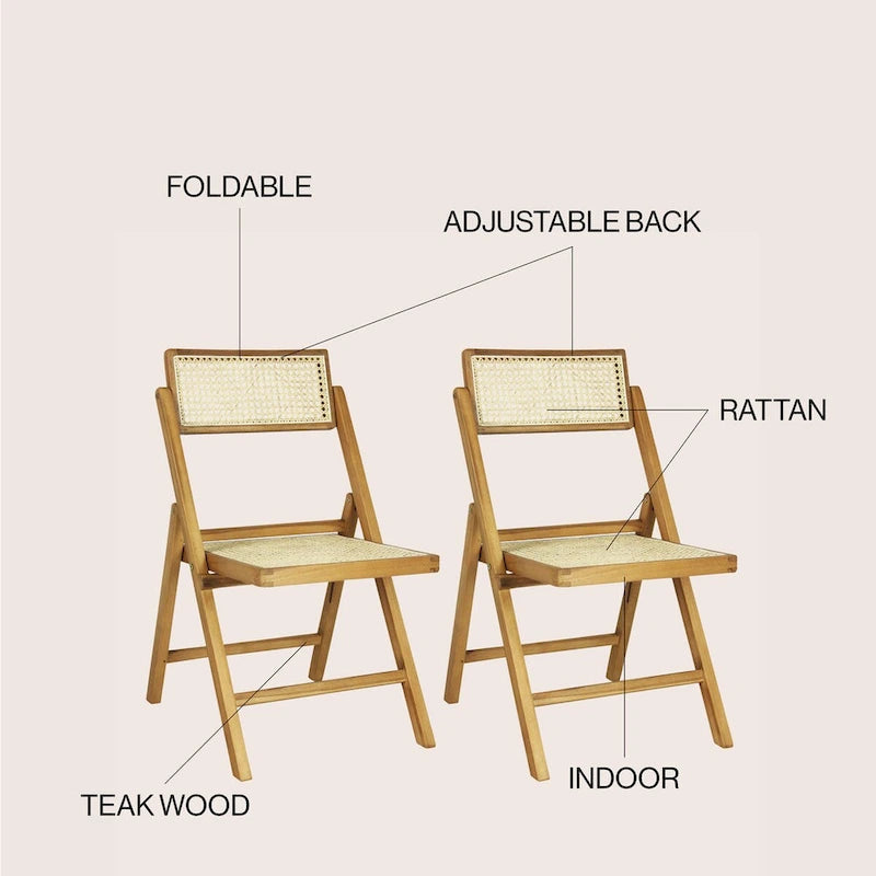 Chaise pliante Olivier vintage en bois et rotin, dossier réglable (lot de 2), par JONATHAN Y.