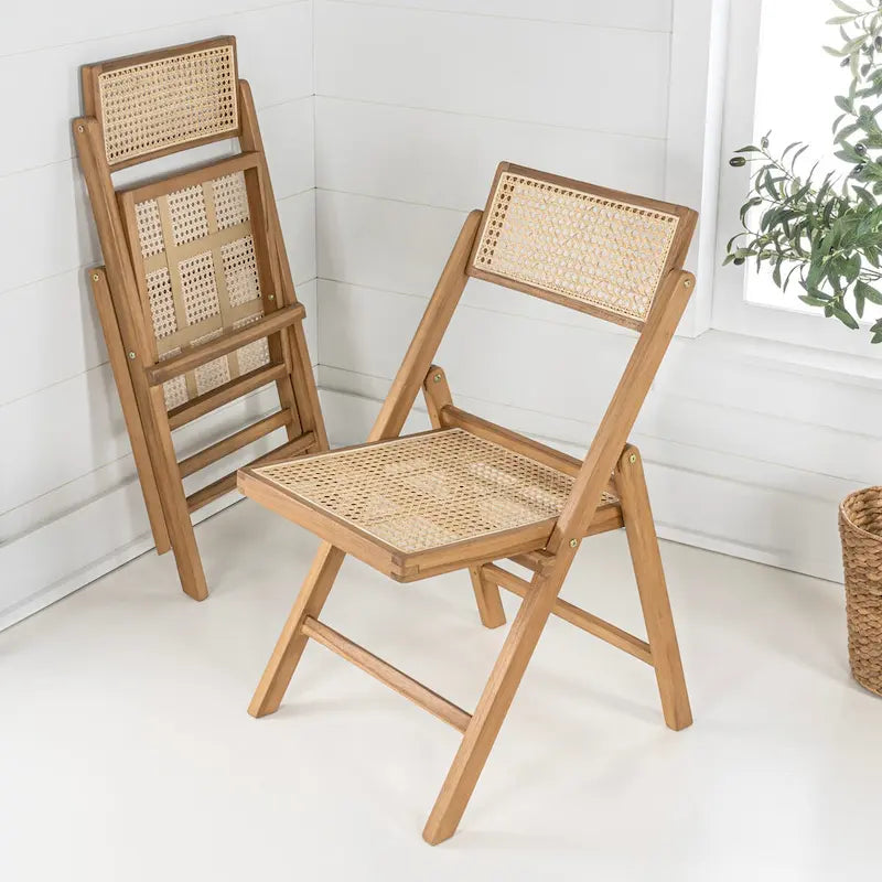 Chaise pliante Olivier vintage en bois et rotin, dossier réglable (lot de 2), par JONATHAN Y.