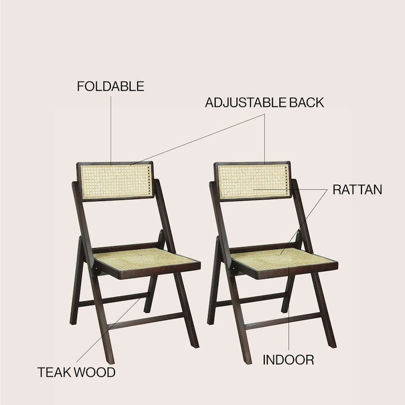 Chaise pliante Olivier vintage en bois et rotin, dossier réglable (lot de 2), par JONATHAN Y.