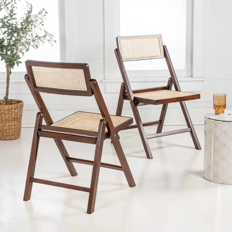 Chaise pliante Olivier vintage en bois et rotin, dossier réglable (lot de 2), par JONATHAN Y.