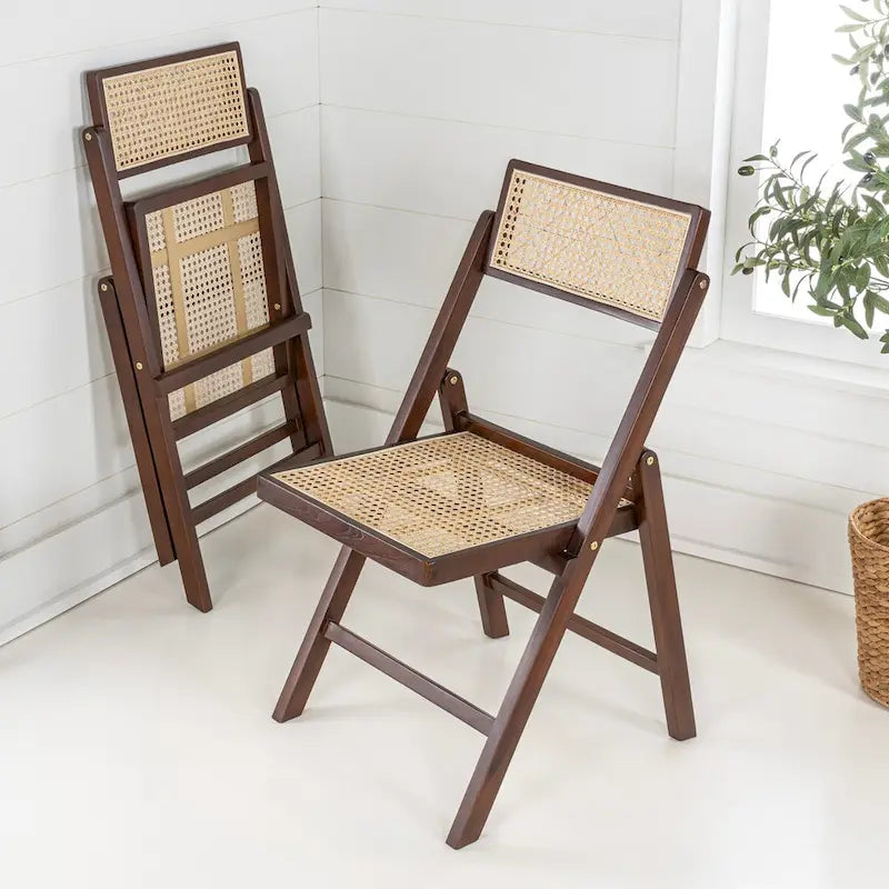 Chaise pliante Olivier vintage en bois et rotin, dossier réglable (lot de 2), par JONATHAN Y.