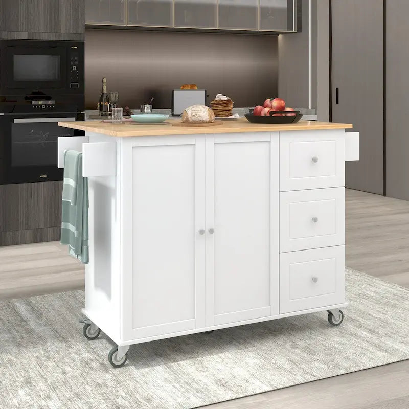 Îlot de cuisine mobile sur roulettes avec abattant - Plateau en bois massif, roulettes verrouillables et armoire de rangement - Largeur : 134 cm (52,7 po)
