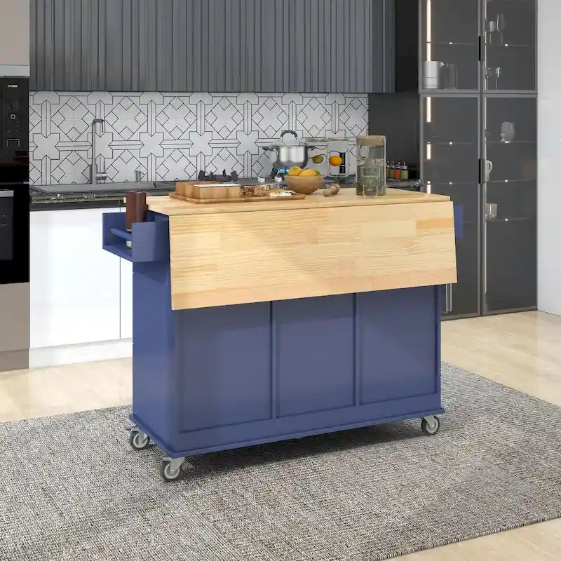 Îlot de cuisine mobile sur roulettes avec abattant - Plateau en bois massif, roulettes verrouillables et armoire de rangement - Largeur : 134 cm (52,7 po)