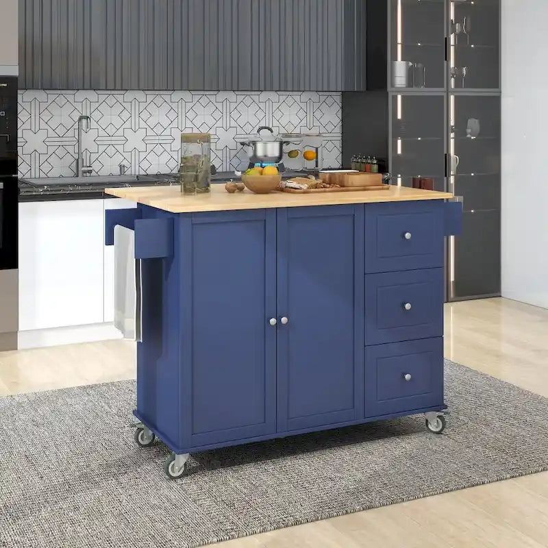 Îlot de cuisine mobile sur roulettes avec abattant - Plateau en bois massif, roulettes verrouillables et armoire de rangement - Largeur : 134 cm (52,7 po)