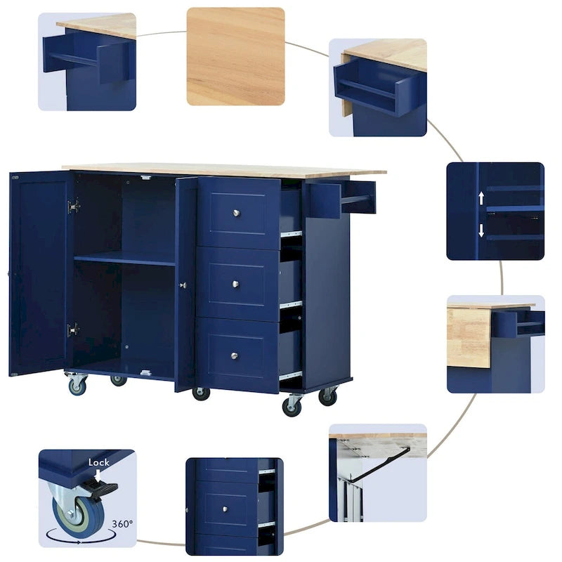 Îlot de cuisine mobile sur roulettes avec abattant - Plateau en bois massif, roulettes verrouillables et armoire de rangement - Largeur : 134 cm (52,7 po)