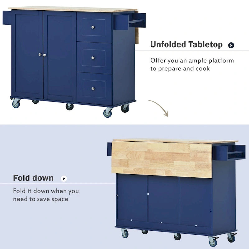 Îlot de cuisine mobile sur roulettes avec abattant - Plateau en bois massif, roulettes verrouillables et armoire de rangement - Largeur : 134 cm (52,7 po)
