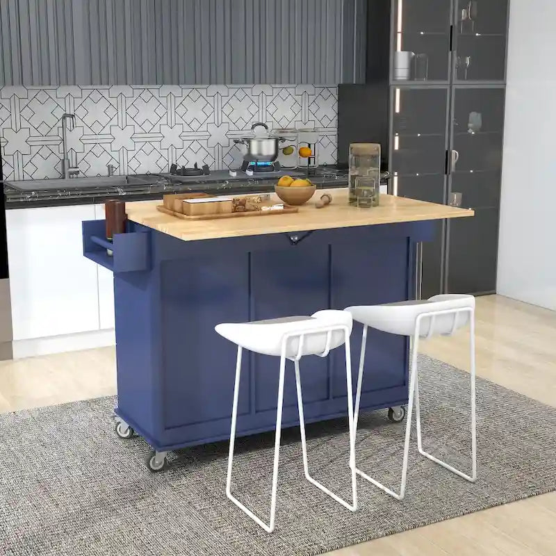 Îlot de cuisine mobile sur roulettes avec abattant - Plateau en bois massif, roulettes verrouillables et armoire de rangement - Largeur : 134 cm (52,7 po)