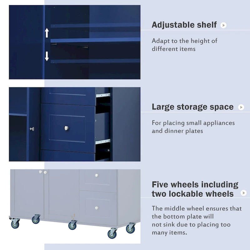 Îlot de cuisine mobile sur roulettes avec abattant - Plateau en bois massif, roulettes verrouillables et armoire de rangement - Largeur : 134 cm (52,7 po)