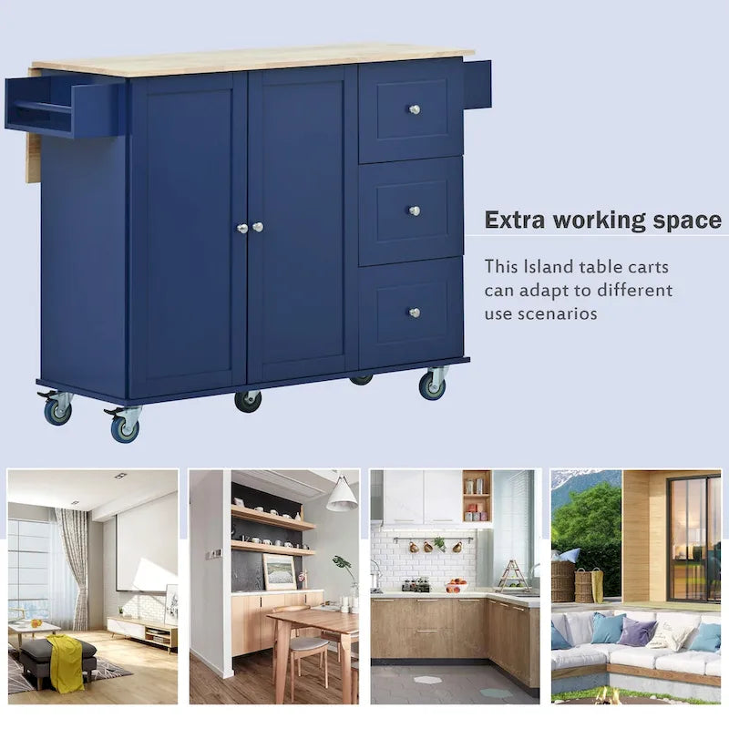 Îlot de cuisine mobile sur roulettes avec abattant - Plateau en bois massif, roulettes verrouillables et armoire de rangement - Largeur : 134 cm (52,7 po)