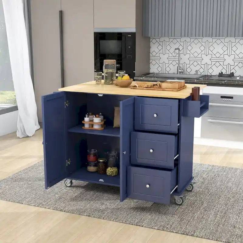 Îlot de cuisine mobile sur roulettes avec abattant - Plateau en bois massif, roulettes verrouillables et armoire de rangement - Largeur : 134 cm (52,7 po)