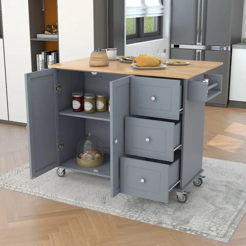 Îlot de cuisine mobile sur roulettes avec abattant - Plateau en bois massif, roulettes verrouillables et armoire de rangement - Largeur : 134 cm (52,7 po)