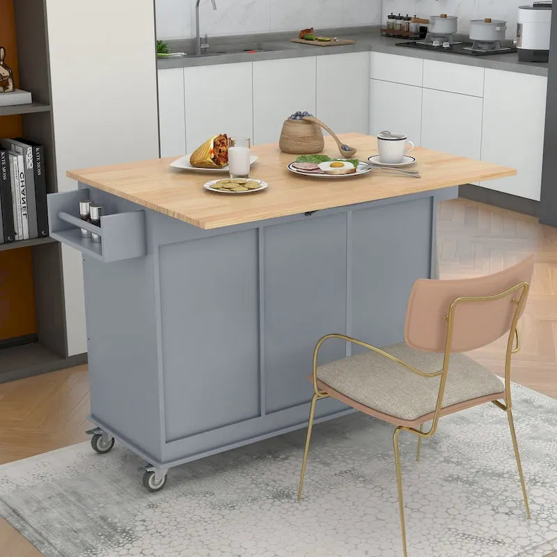 Îlot de cuisine mobile sur roulettes avec abattant - Plateau en bois massif, roulettes verrouillables et armoire de rangement - Largeur : 134 cm (52,7 po)