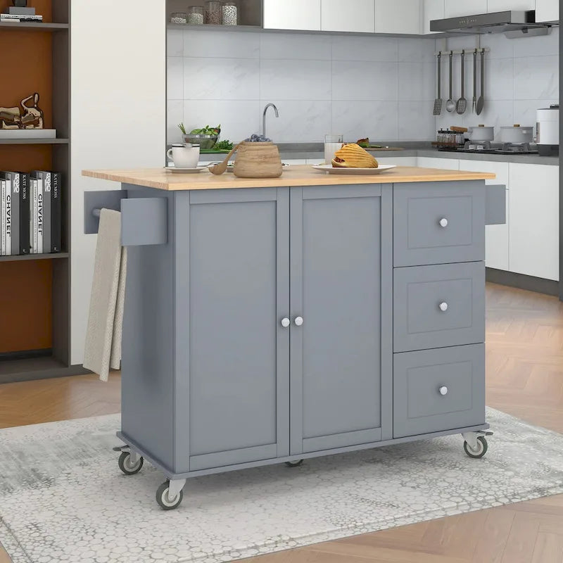Îlot de cuisine mobile sur roulettes avec abattant - Plateau en bois massif, roulettes verrouillables et armoire de rangement - Largeur : 134 cm (52,7 po)