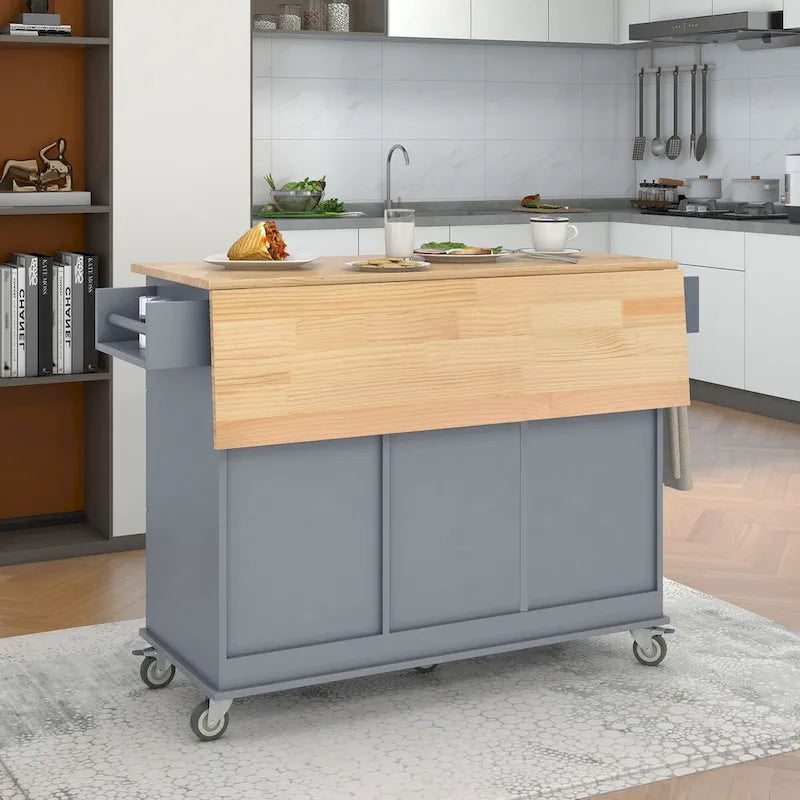 Îlot de cuisine mobile sur roulettes avec abattant - Plateau en bois massif, roulettes verrouillables et armoire de rangement - Largeur : 134 cm (52,7 po)