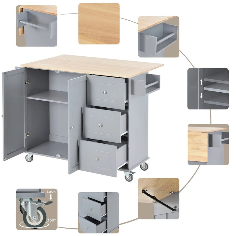 Îlot de cuisine mobile sur roulettes avec abattant - Plateau en bois massif, roulettes verrouillables et armoire de rangement - Largeur : 134 cm (52,7 po)
