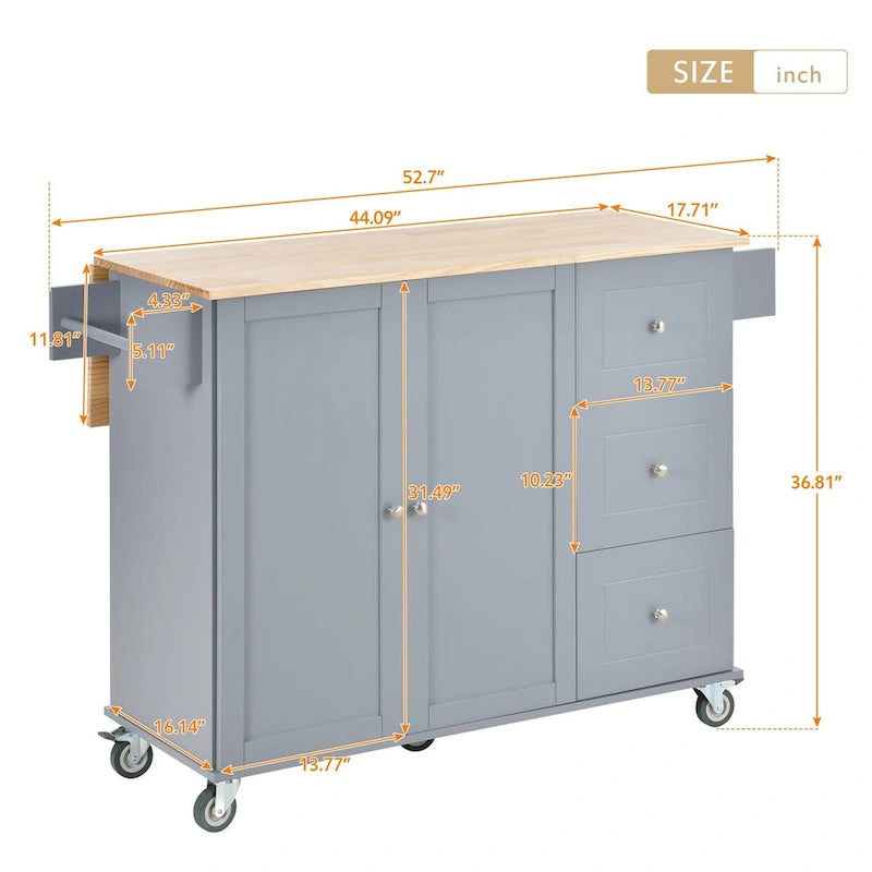 Îlot de cuisine mobile sur roulettes avec abattant - Plateau en bois massif, roulettes verrouillables et armoire de rangement - Largeur : 134 cm (52,7 po)