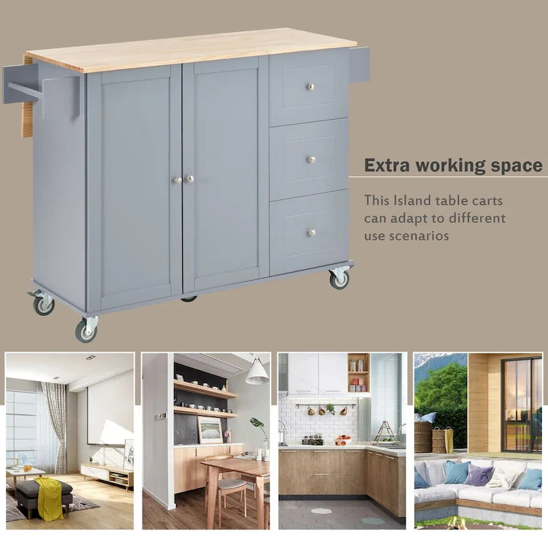 Îlot de cuisine mobile sur roulettes avec abattant - Plateau en bois massif, roulettes verrouillables et armoire de rangement - Largeur : 134 cm (52,7 po)