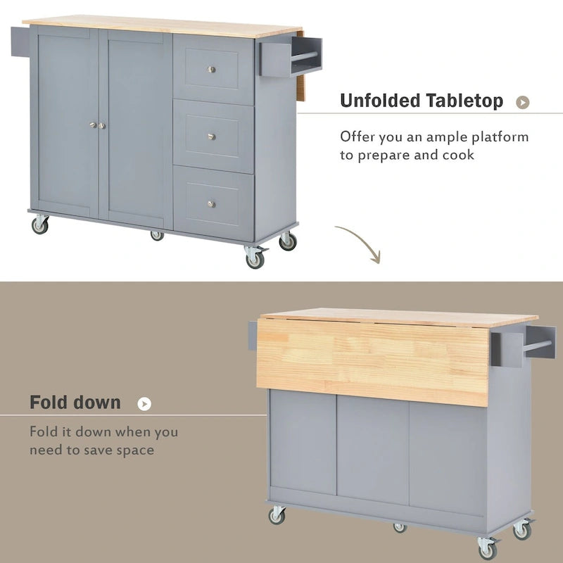 Îlot de cuisine mobile sur roulettes avec abattant - Plateau en bois massif, roulettes verrouillables et armoire de rangement - Largeur : 134 cm (52,7 po)