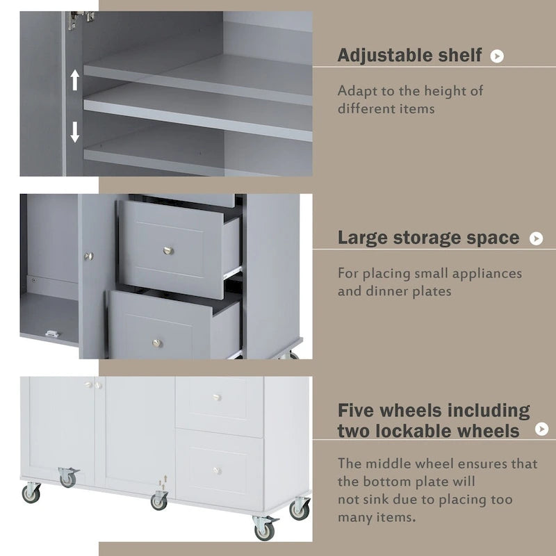 Îlot de cuisine mobile sur roulettes avec abattant - Plateau en bois massif, roulettes verrouillables et armoire de rangement - Largeur : 134 cm (52,7 po)