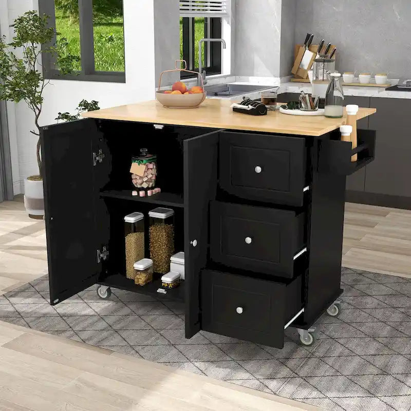 Îlot de cuisine mobile sur roulettes avec abattant - Plateau en bois massif, roulettes verrouillables et armoire de rangement - Largeur : 134 cm (52,7 po)