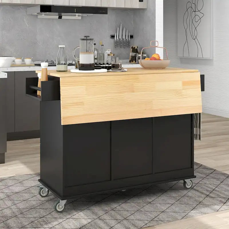 Îlot de cuisine mobile sur roulettes avec abattant - Plateau en bois massif, roulettes verrouillables et armoire de rangement - Largeur : 134 cm (52,7 po)