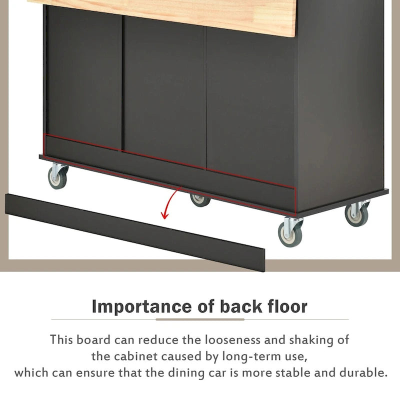 Îlot de cuisine mobile sur roulettes avec abattant - Plateau en bois massif, roulettes verrouillables et armoire de rangement - Largeur : 134 cm (52,7 po)
