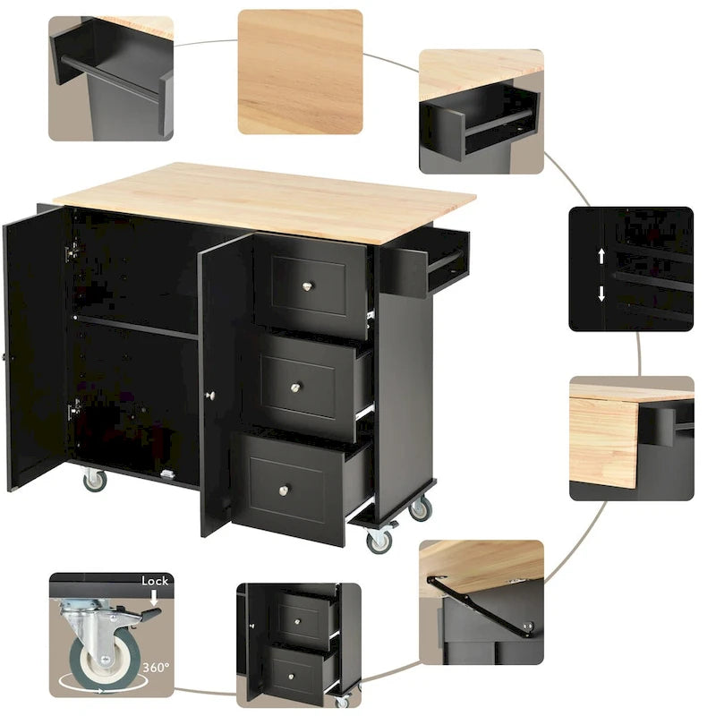 Îlot de cuisine mobile sur roulettes avec abattant - Plateau en bois massif, roulettes verrouillables et armoire de rangement - Largeur : 134 cm (52,7 po)
