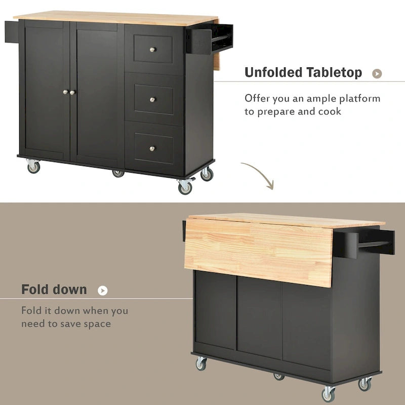 Îlot de cuisine mobile sur roulettes avec abattant - Plateau en bois massif, roulettes verrouillables et armoire de rangement - Largeur : 134 cm (52,7 po)