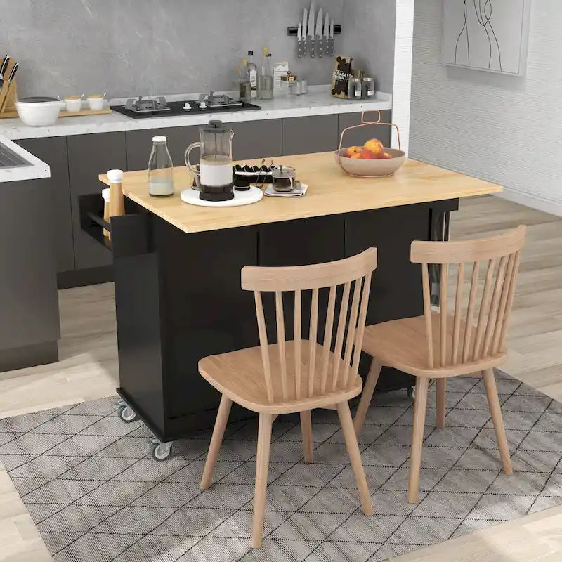 Îlot de cuisine mobile sur roulettes avec abattant - Plateau en bois massif, roulettes verrouillables et armoire de rangement - Largeur : 134 cm (52,7 po)