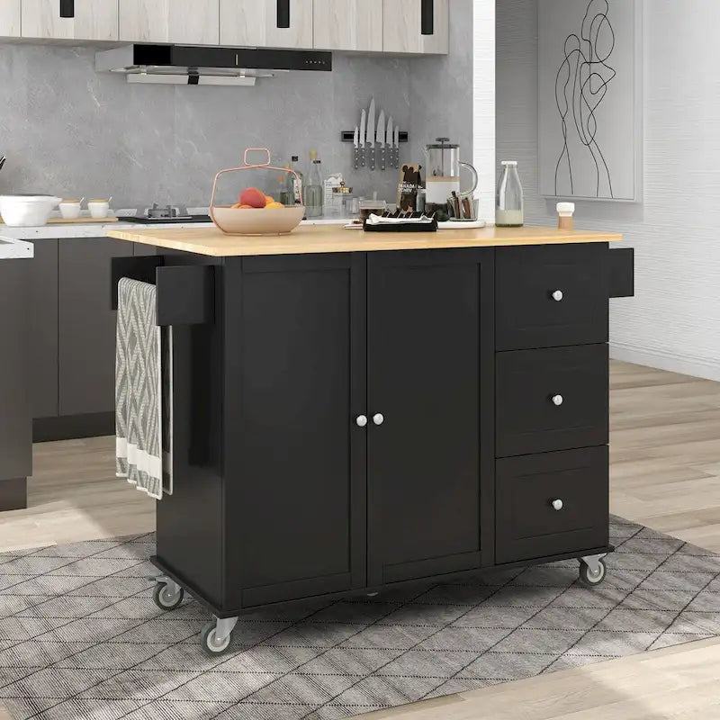 Îlot de cuisine mobile sur roulettes avec abattant - Plateau en bois massif, roulettes verrouillables et armoire de rangement - Largeur : 134 cm (52,7 po)