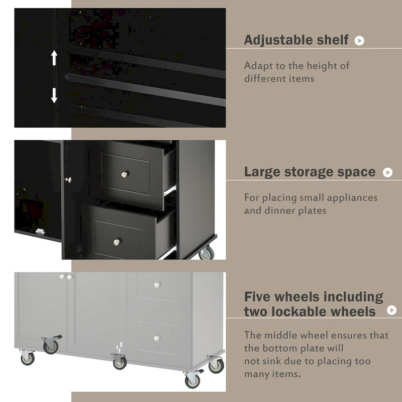 Îlot de cuisine mobile sur roulettes avec abattant - Plateau en bois massif, roulettes verrouillables et armoire de rangement - Largeur : 134 cm (52,7 po)