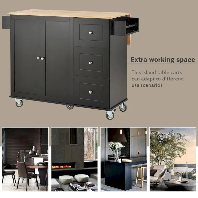 Îlot de cuisine mobile sur roulettes avec abattant - Plateau en bois massif, roulettes verrouillables et armoire de rangement - Largeur : 134 cm (52,7 po)