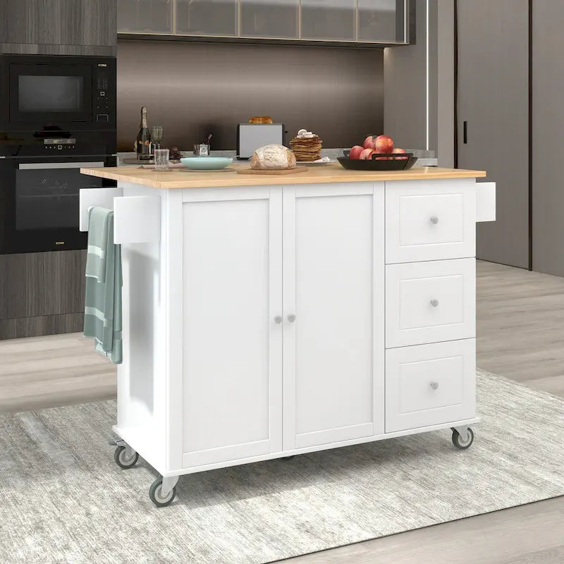 Îlot de cuisine mobile sur roulettes avec abattant - Plateau en bois massif, roulettes verrouillables et armoire de rangement - Largeur : 134 cm (52,7 po)