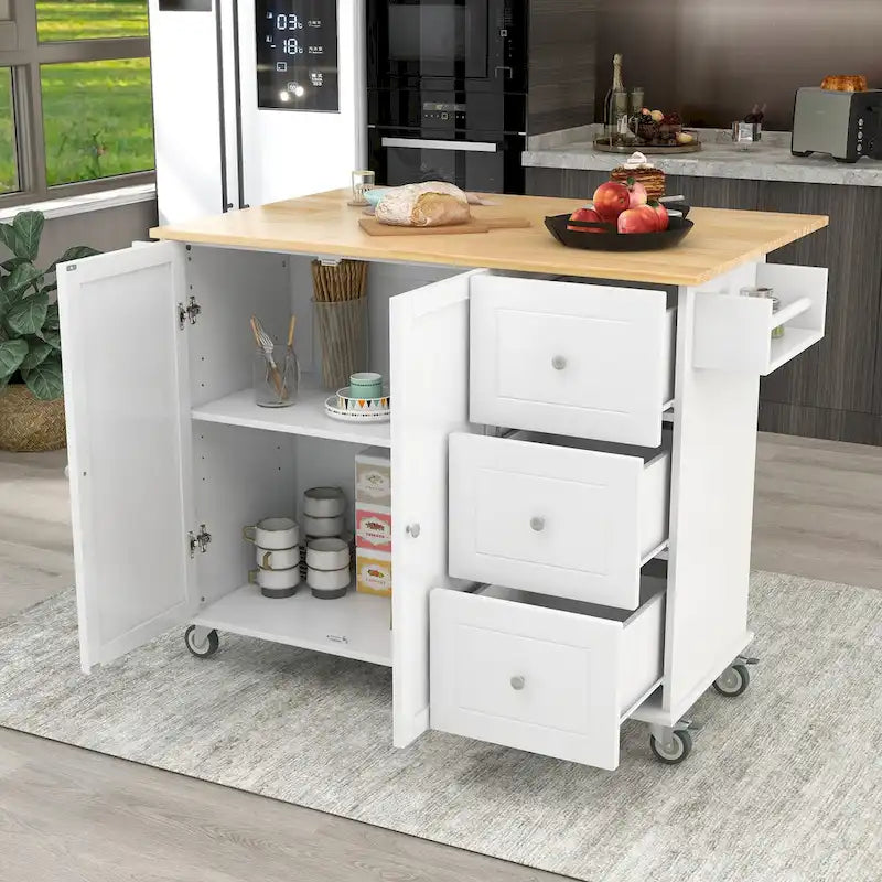Îlot de cuisine mobile sur roulettes avec abattant - Plateau en bois massif, roulettes verrouillables et armoire de rangement - Largeur : 134 cm (52,7 po)