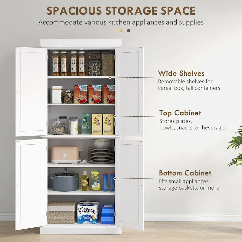 Meuble de rangement de cuisine 72,5 cm, armoire de cuisine autoportante avec 4 portes et étagères réglables pour salle à manger, MDF