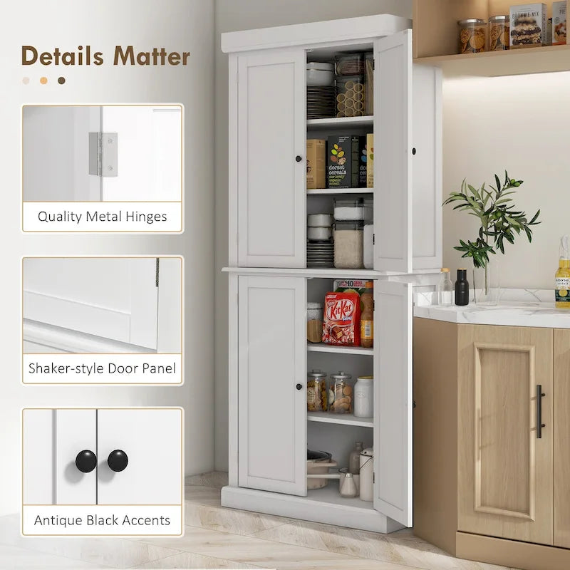 Meuble de rangement de cuisine 72,5 cm, armoire de cuisine autoportante avec 4 portes et étagères réglables pour salle à manger, MDF